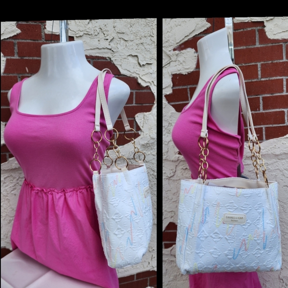 Cahres & Heka Women Tote Shoulder Bag Purse Gold Chain White Pink Blue Pastel